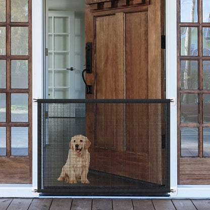 LWFCOEE mesh magic gate front view installed in a hallway doorway.