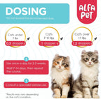 Alfa Pet cat supplement packaging detailing taurine and probiotic ingredients.