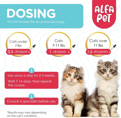 Alfa Pet cat supplement packaging detailing taurine and probiotic ingredients.