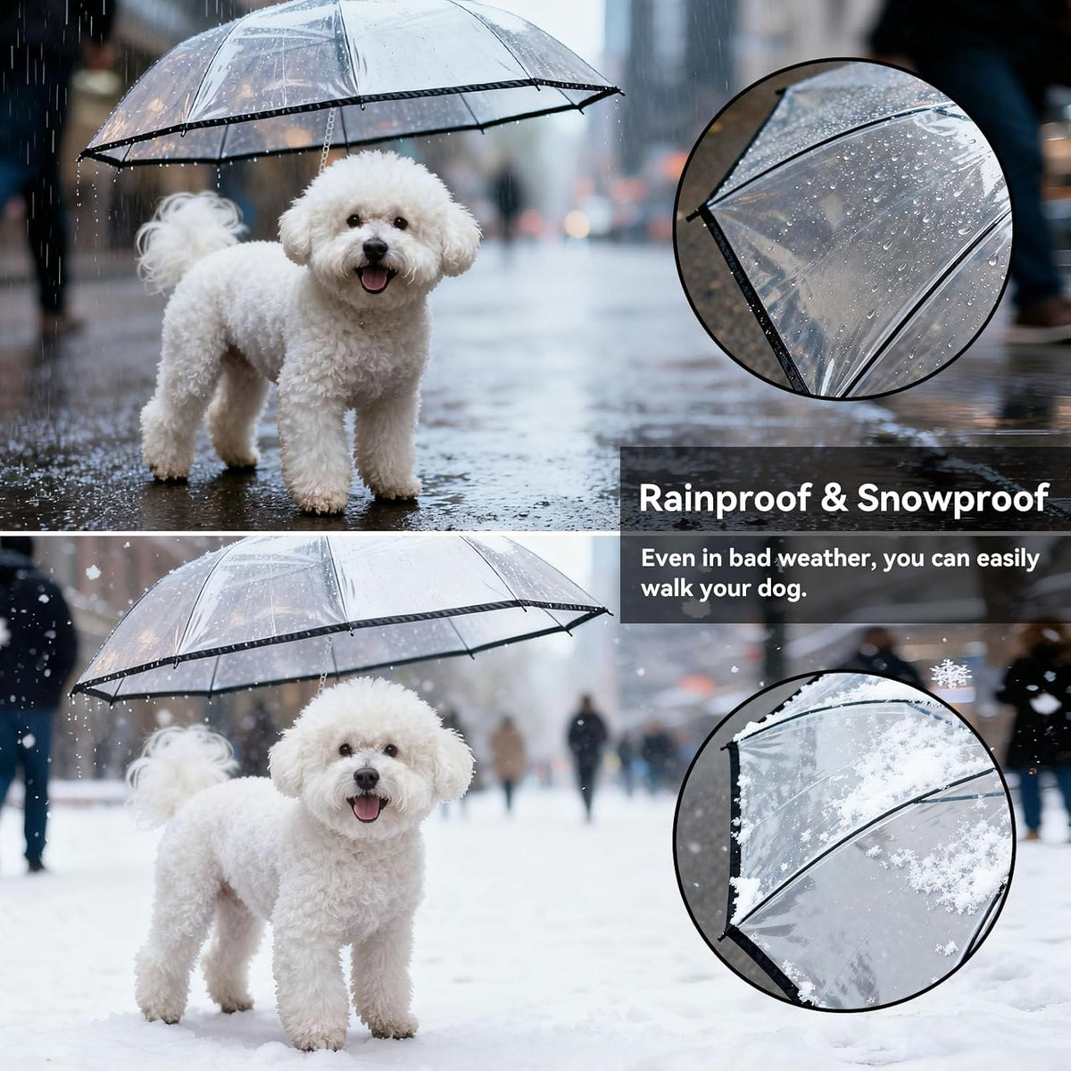 Transparent pet umbrella with built in safety leash showing twenty nine inch canopy diameter.