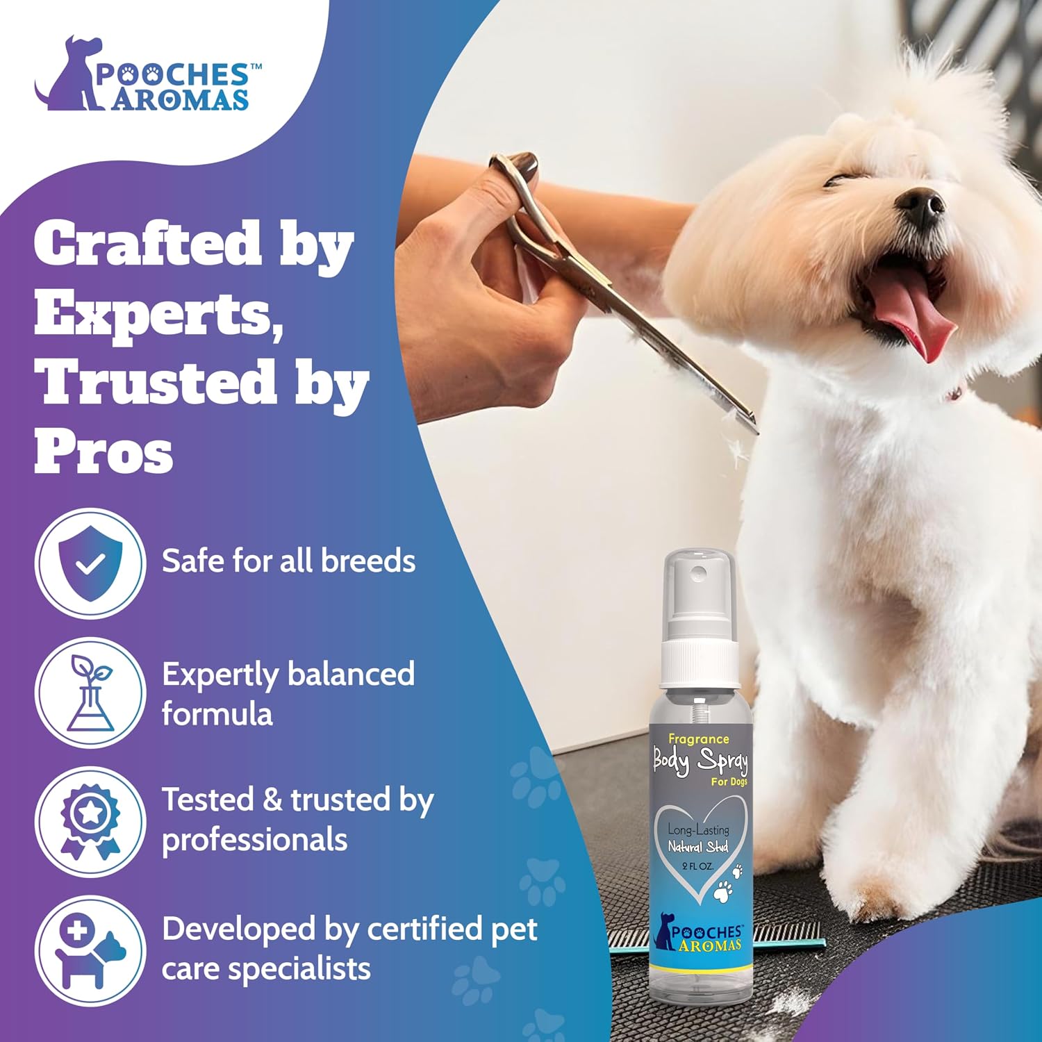 Pooches Aromas six piece dog cologne set for professional grooming
