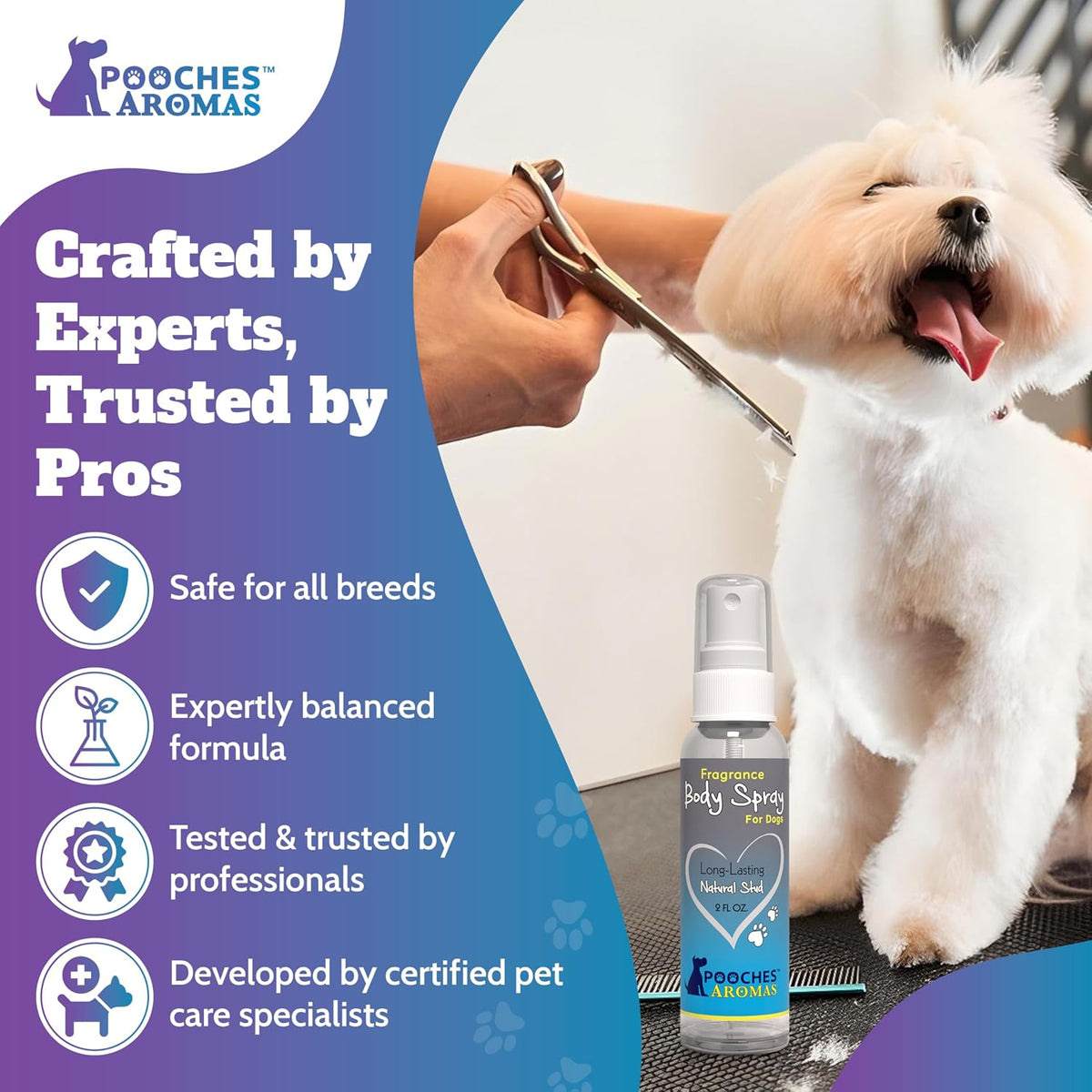 Pooches Aromas six piece dog cologne set for professional grooming