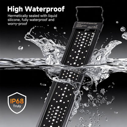 Fishkeeper premium aluminum alloy LED fixture emphasizing its slim profile and heat dissipation design.