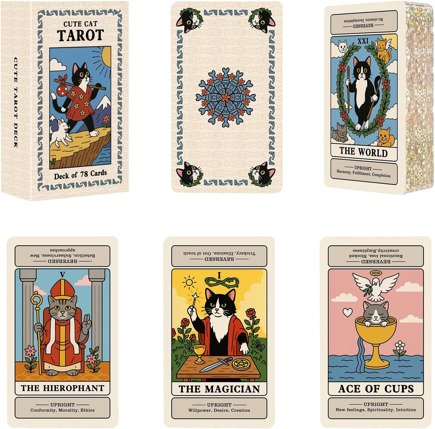 BWTY Cat Tarot Cards for Beginners front view of the 78 card deck