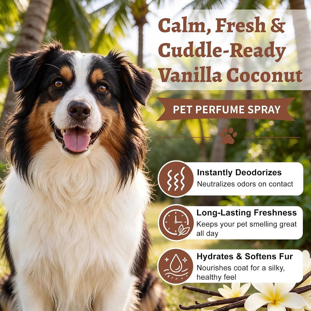 Ulroyda vanilla coconut pet deodorizing mist for dogs and cats.