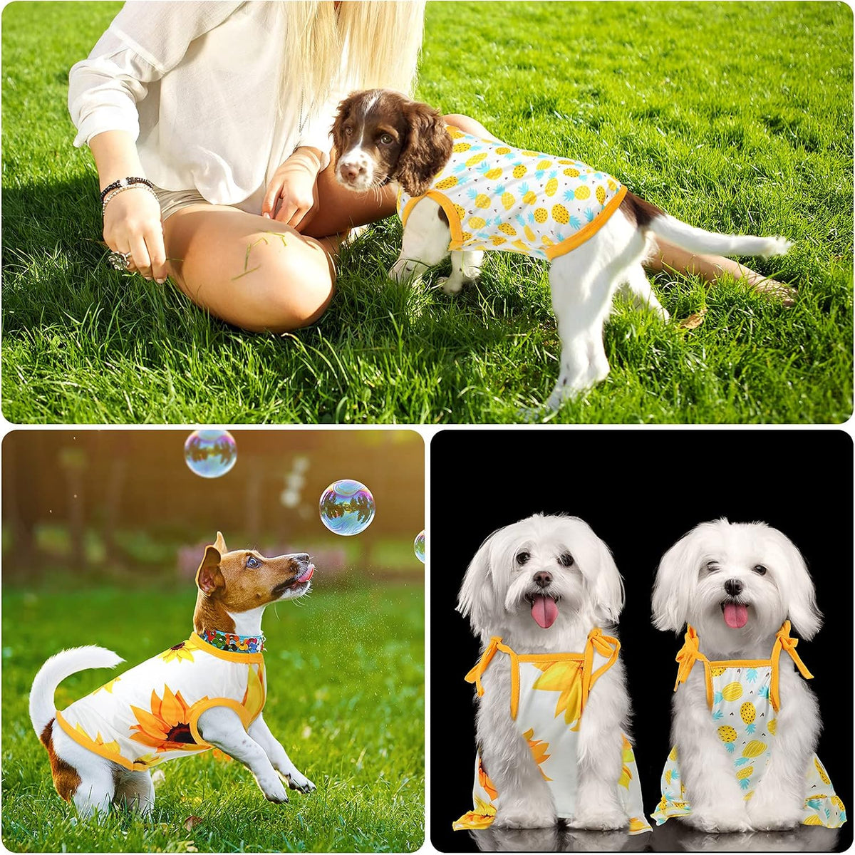 Frienda elastic puppy dress being worn by a small dog to display comfortable body movement.