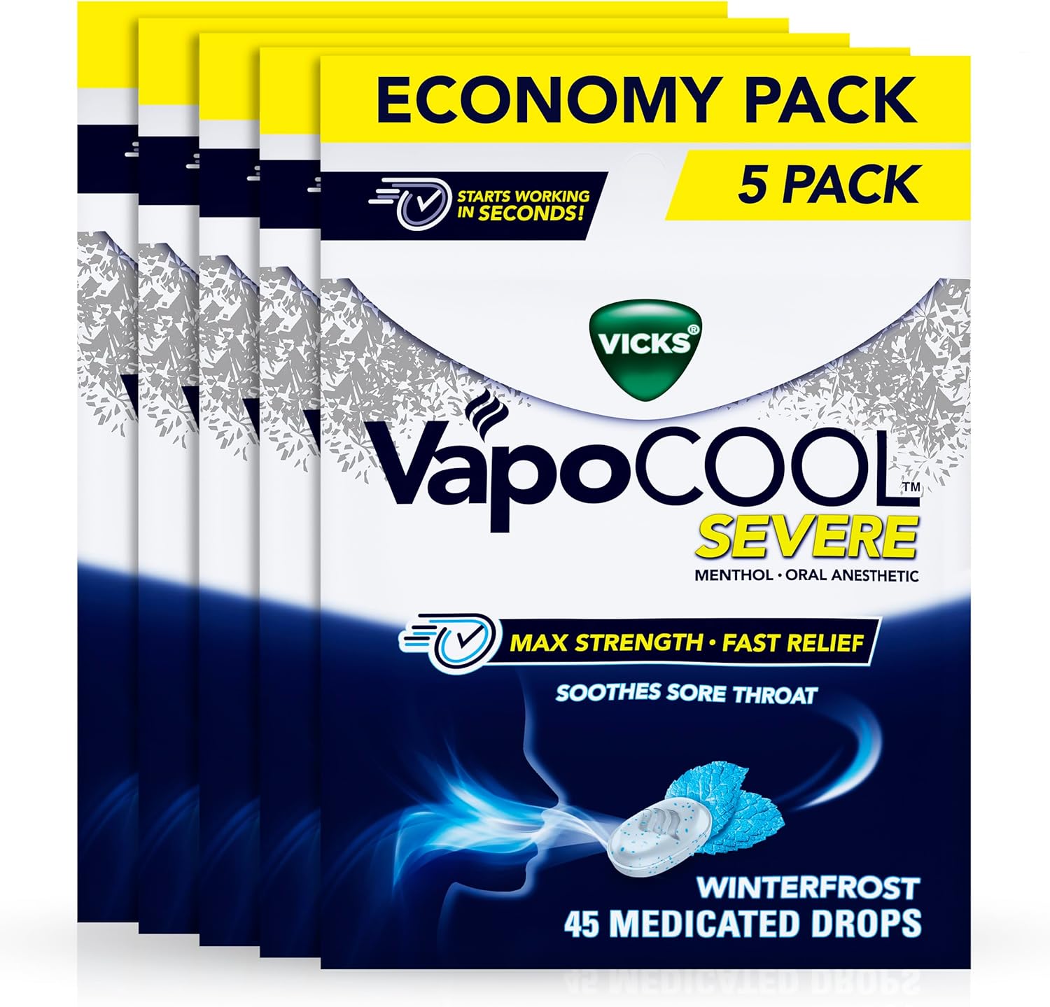 Vicks VapoCool Severe Medicated Sore Throat Drops front packaging showing maximum strength menthol relief.