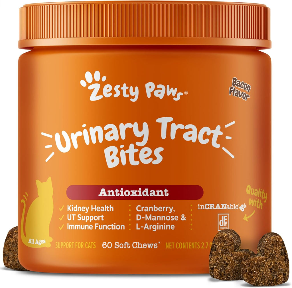 Zesty Paws Cranberry Urinary Tract Bites for Cats front packaging view showing 60 count bacon flavored soft chews for kidney health.