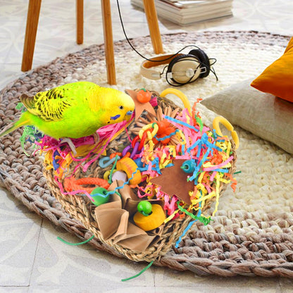 A colourful assortment of bird-safe wooden blocks and plastic chains on the KATUMO conure mat.