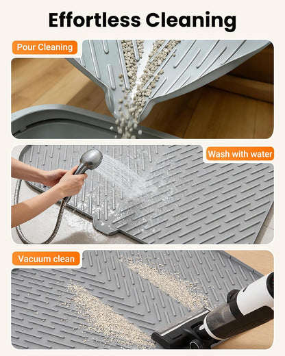Easy maintenance demonstration rinsing the grey silicone cat mat with water.