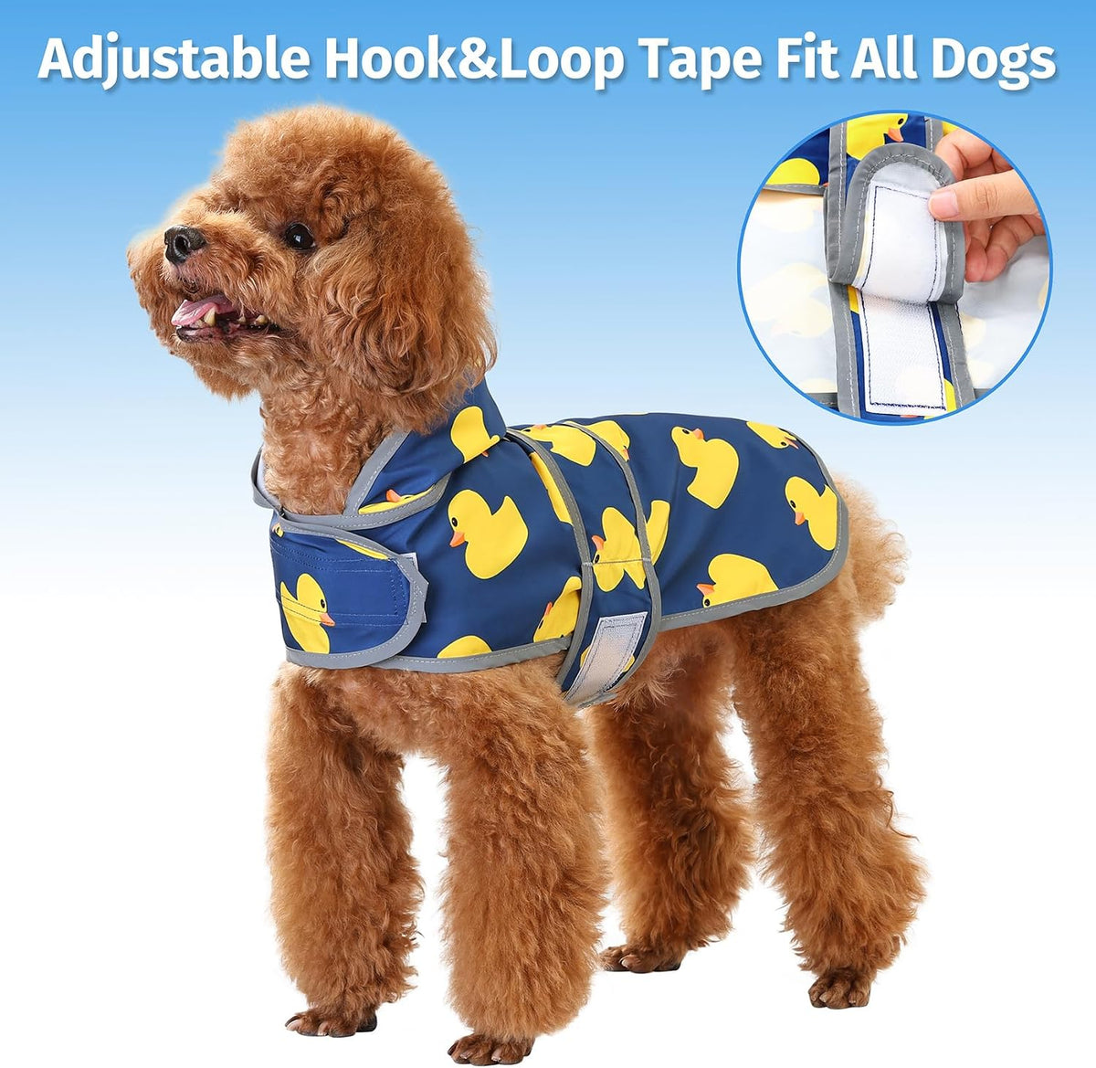 Happiere puppy raincoat back view highlighting the built-in leash hole for collar connection.