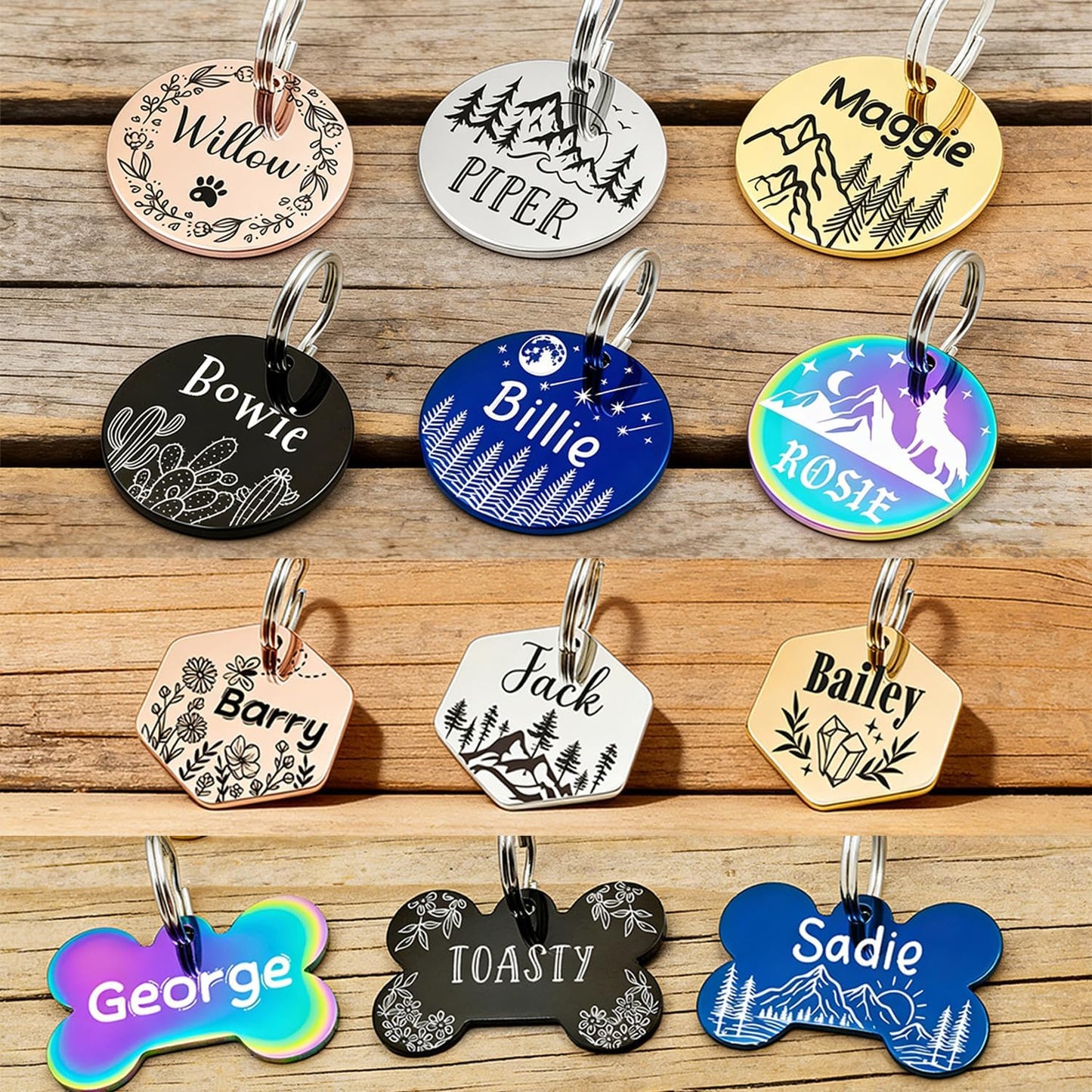 Premium durable stainless steel personalized puppy tags with split ring.