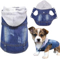 SILD pet clothes dog jeans jacket front view featuring classic blue denim and grey hoodie.
