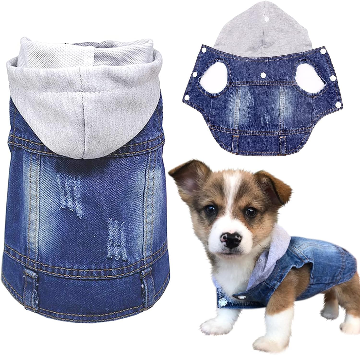 SILD pet clothes dog jeans jacket front view featuring classic blue denim and grey hoodie.