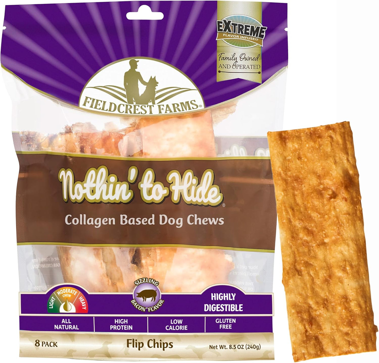 Fieldcrest Farms Nothin to Hide Bacon Flavor Flip Chips packaging front view premium dog treats