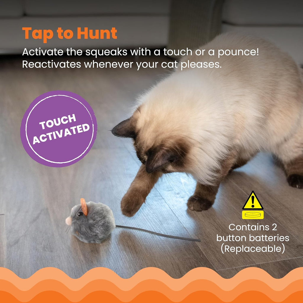 Catstages touch activated squeaking plush cat toy packaging view