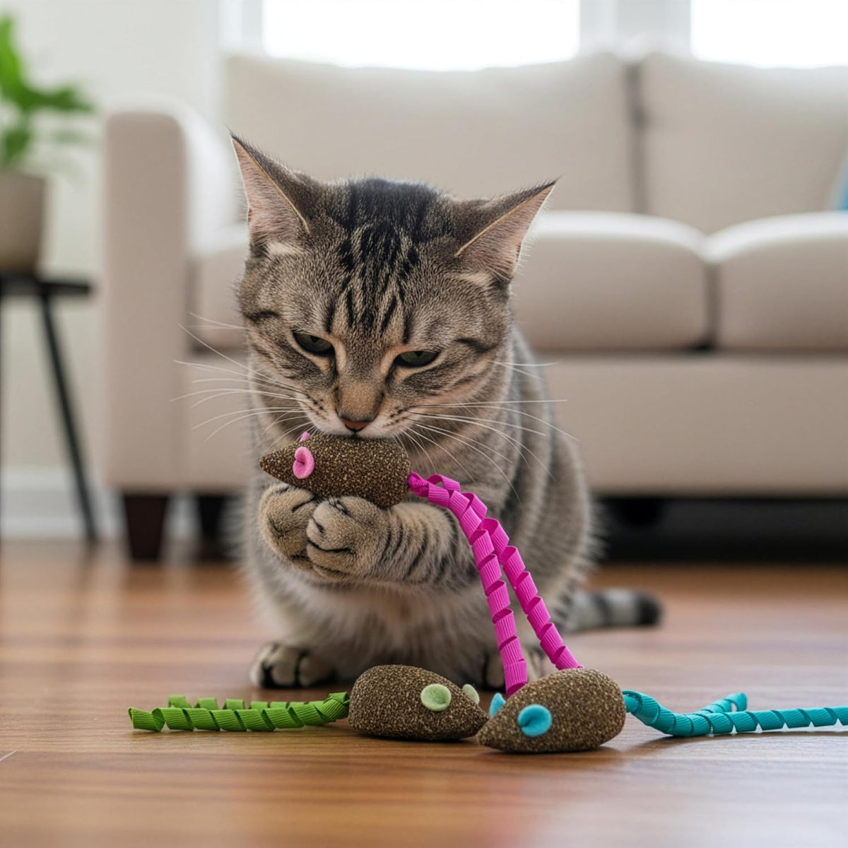 Multicolor ribbon tails on SmartyKat Magic Mice toys
