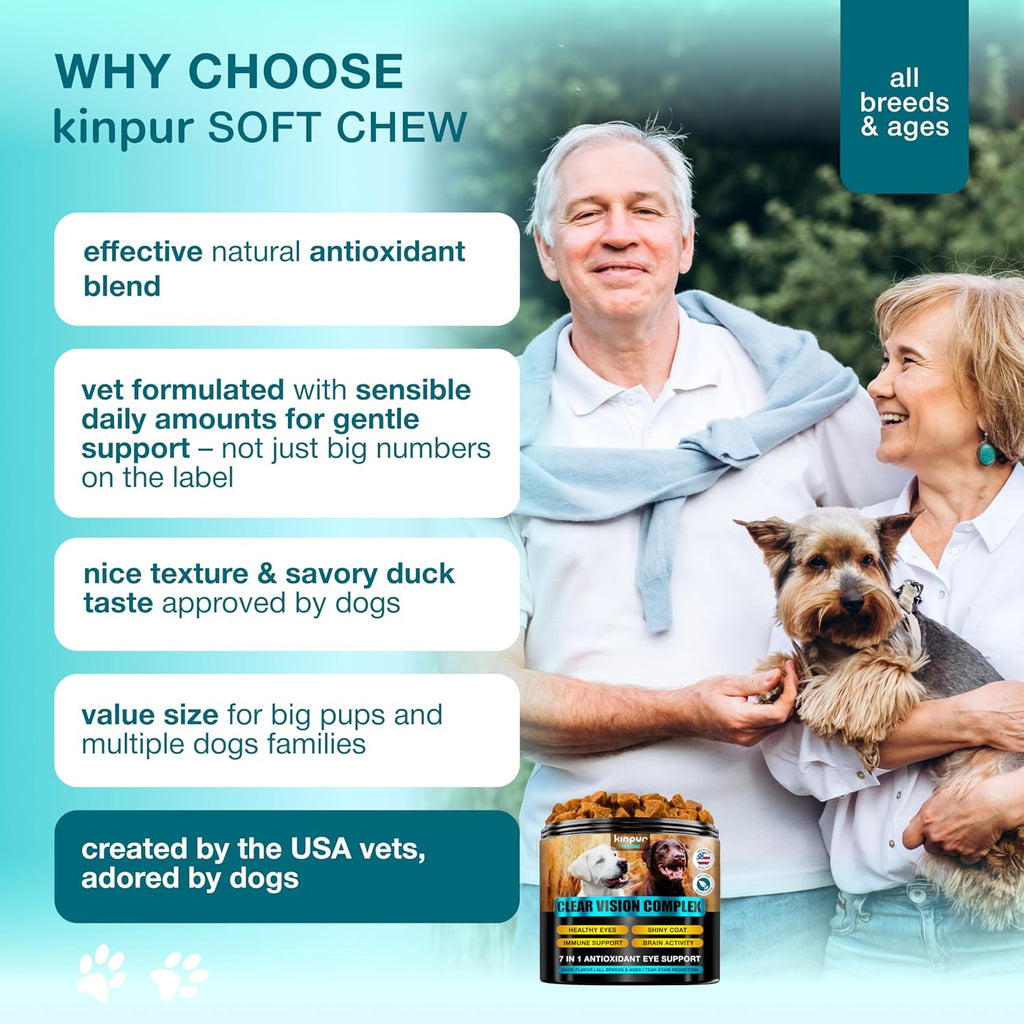 Kinpur Pet Care eye health vitamin container displaying breed usage instructions