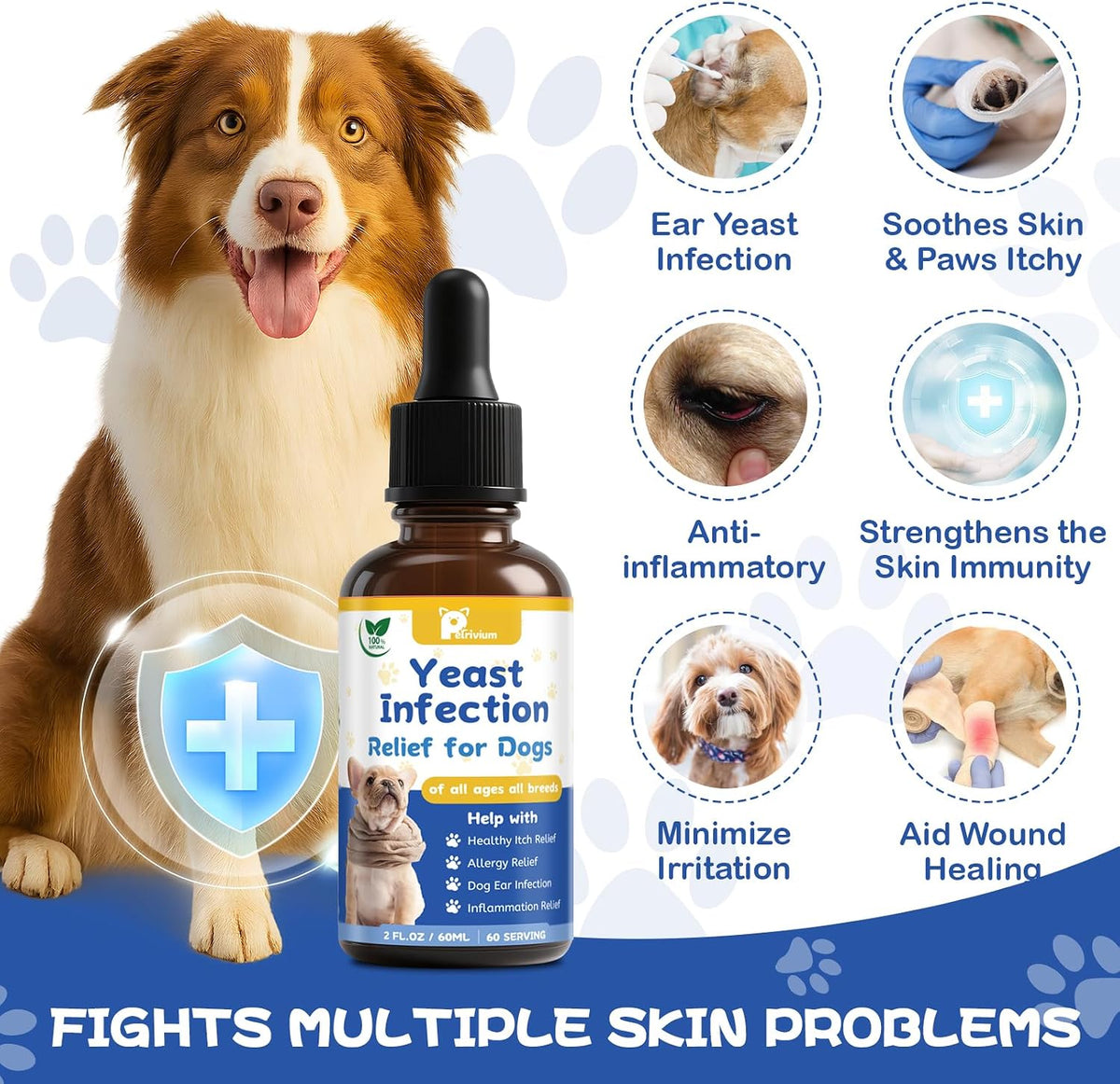 Herlosfeel dog paw itching and ear infection relief formula packaging.