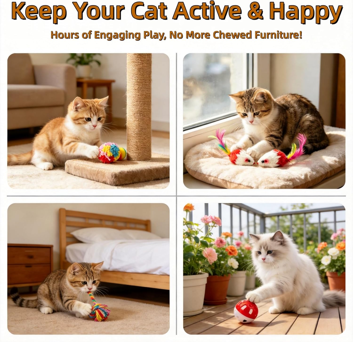Durable crinkle balls and sparkle balls providing auditory stimulation for indoor felines.