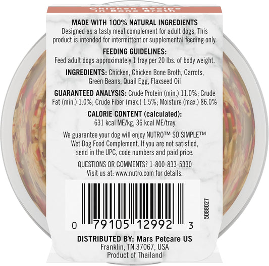 Nutro So Simple dog food toppers chicken recipe in bone broth single tray.