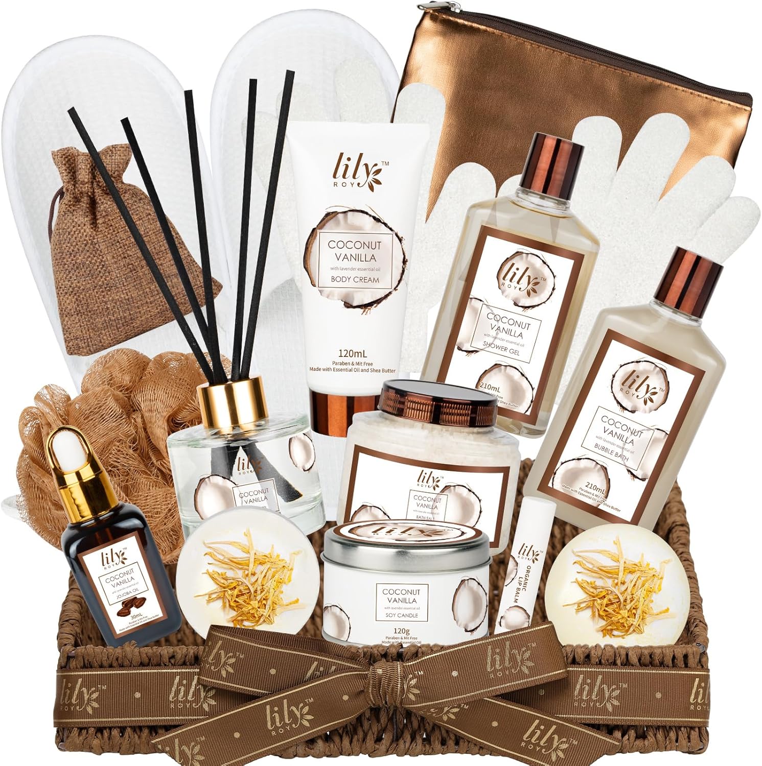 Lily Roy 17-piece coconut vanilla bath gift set front view