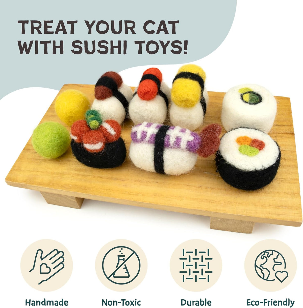 Woolbuddy felt cat toys shaped like realistic Japanese sushi rolls for indoor kittens