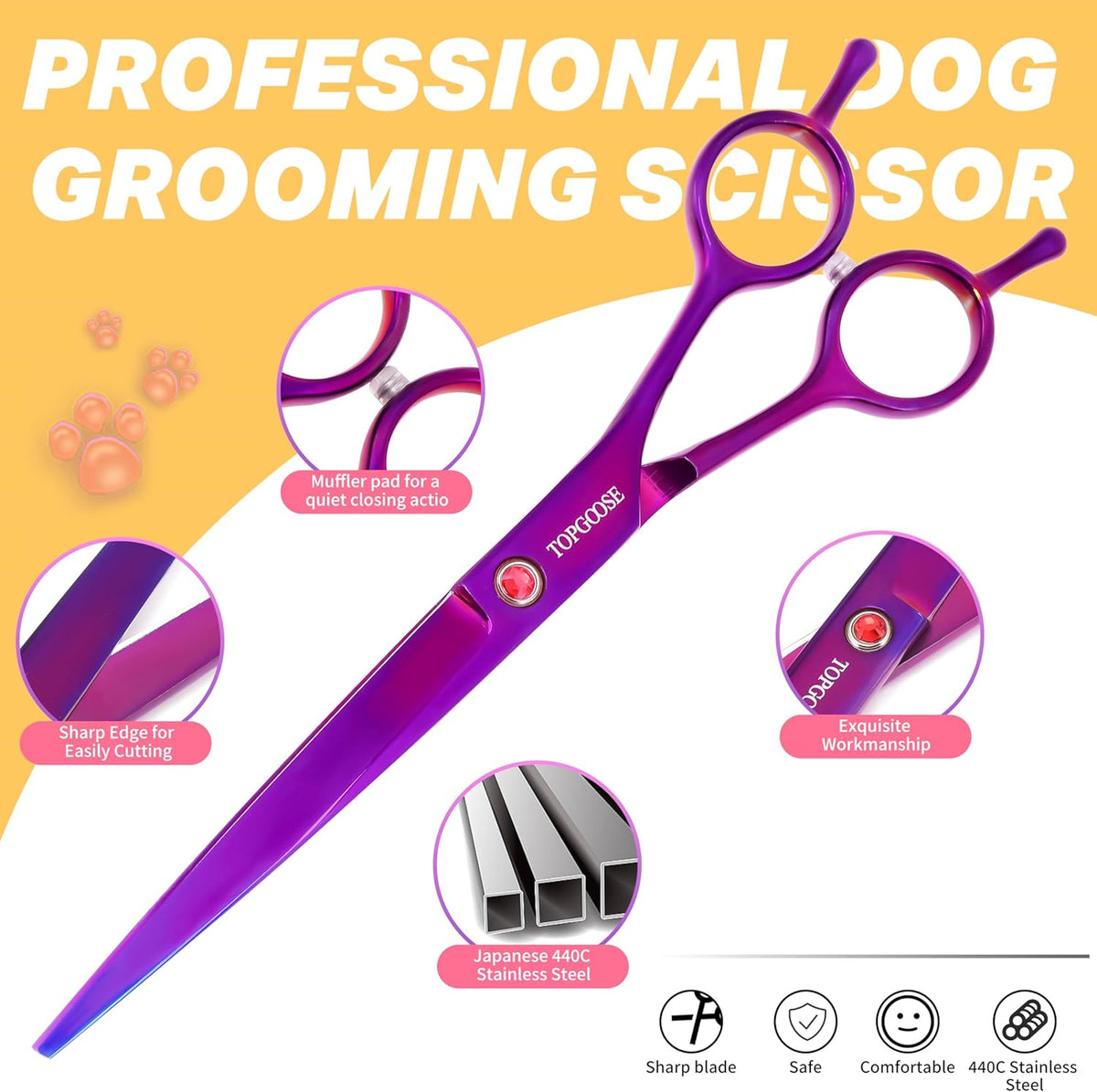 Curved pet grooming scissors designed for safe detailing around dog face and paws