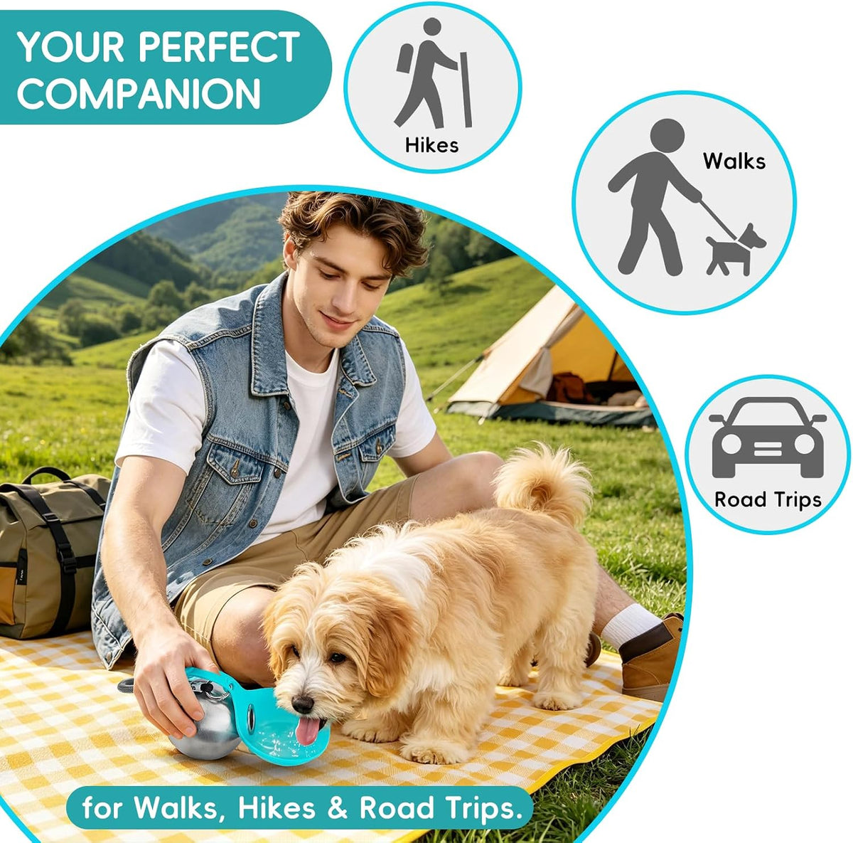 Stainless steel leak proof pet travel flask with foldable drinking bowl attachment