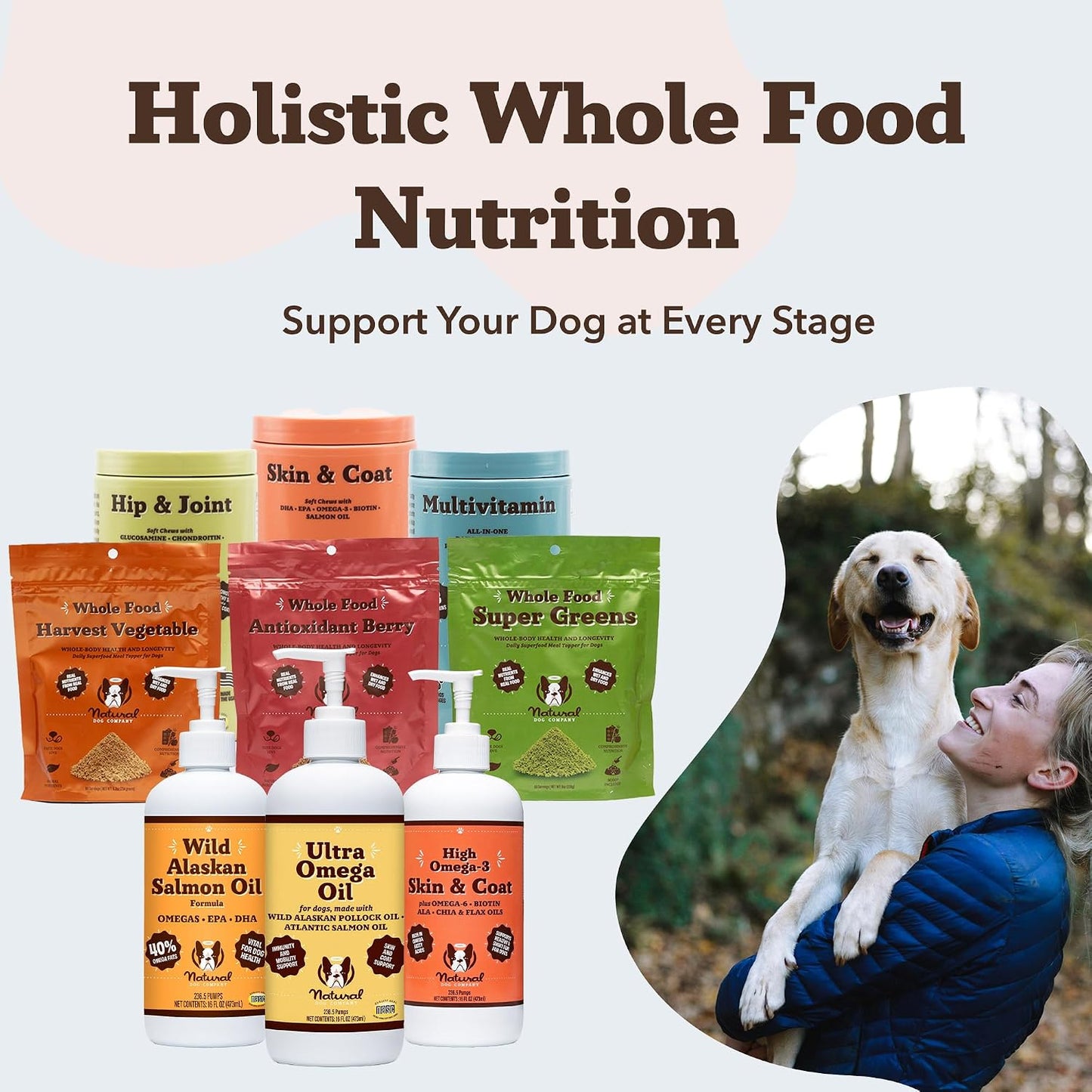 Natural Dog Company Ultra Omega Oil liquid supplement packaging showing two thousand milligram dosage details.