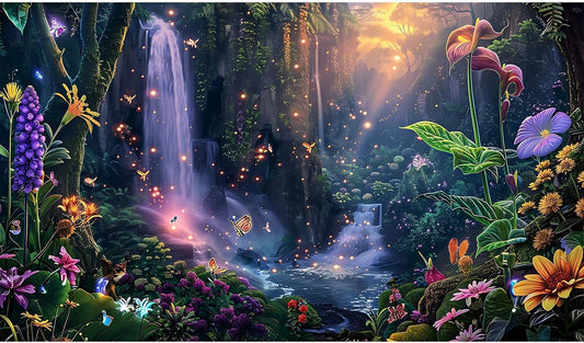 CaterRina Fantasy Garden Aquarium Background front view showing sunset waterfall and tropical flowers.