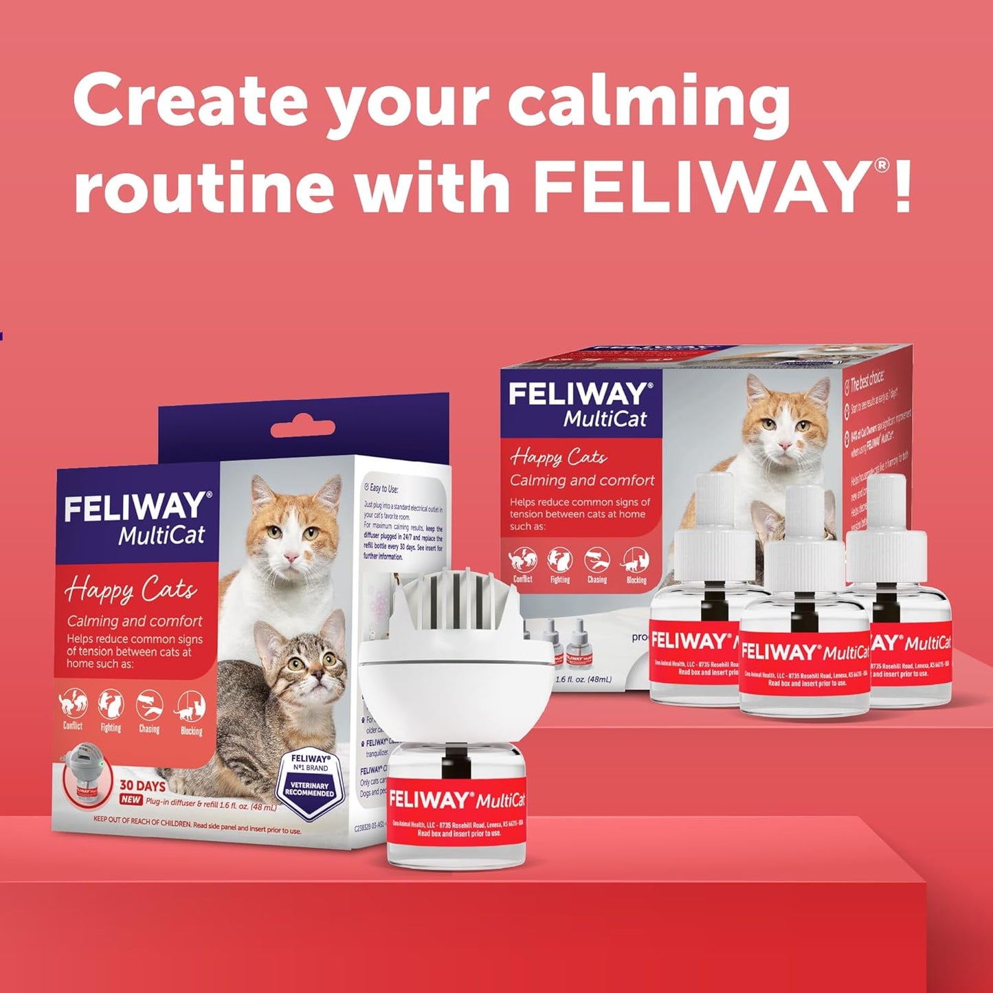 FELIWAY MultiCat forty eight milliliter glass vial demonstrating compatibility with the plug in diffuser unit.
