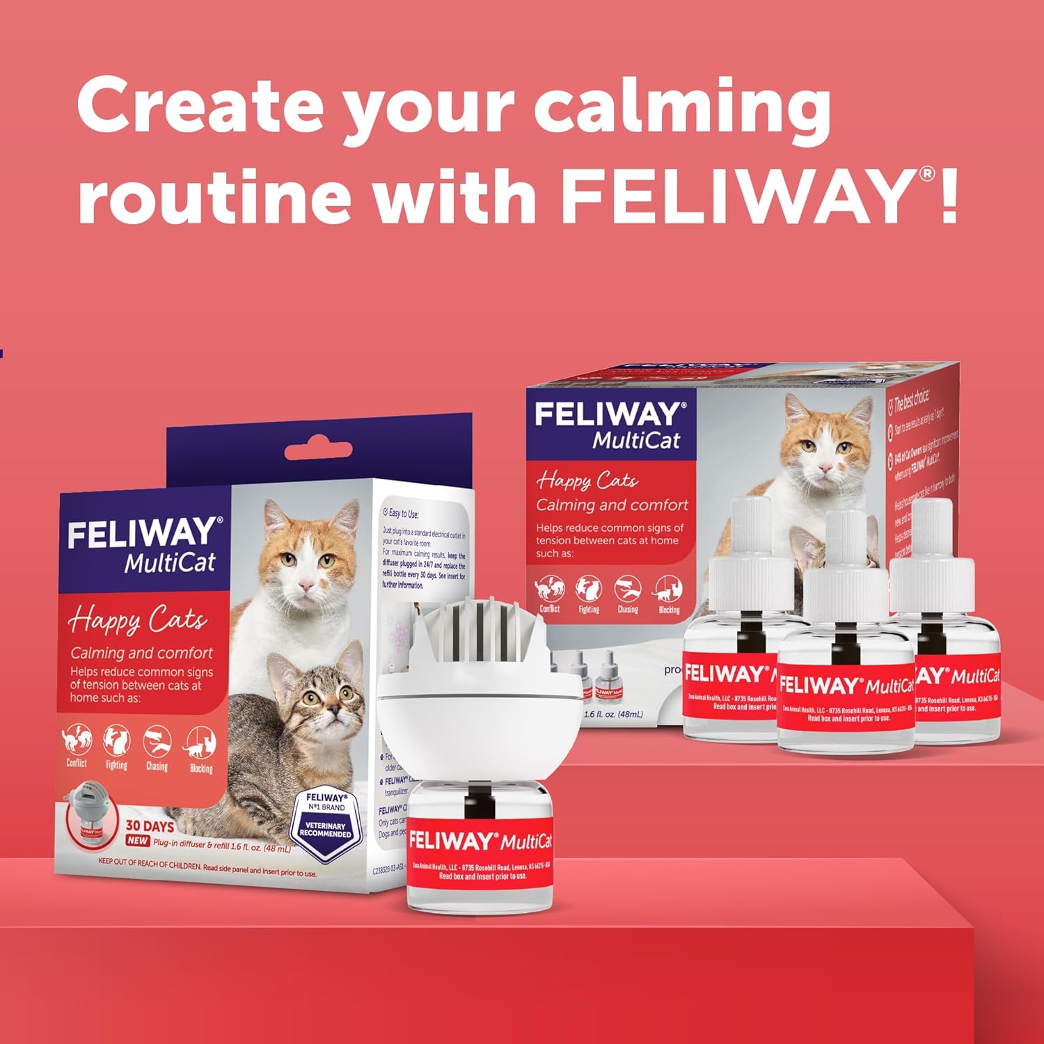 FELIWAY MultiCat forty eight milliliter glass vial demonstrating compatibility with the plug in diffuser unit.