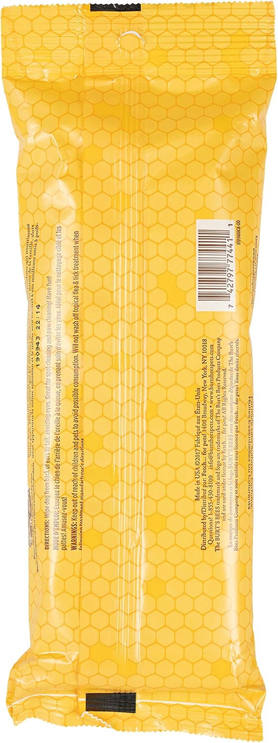 Instructions on back of Burt's Bees dog grooming wipes