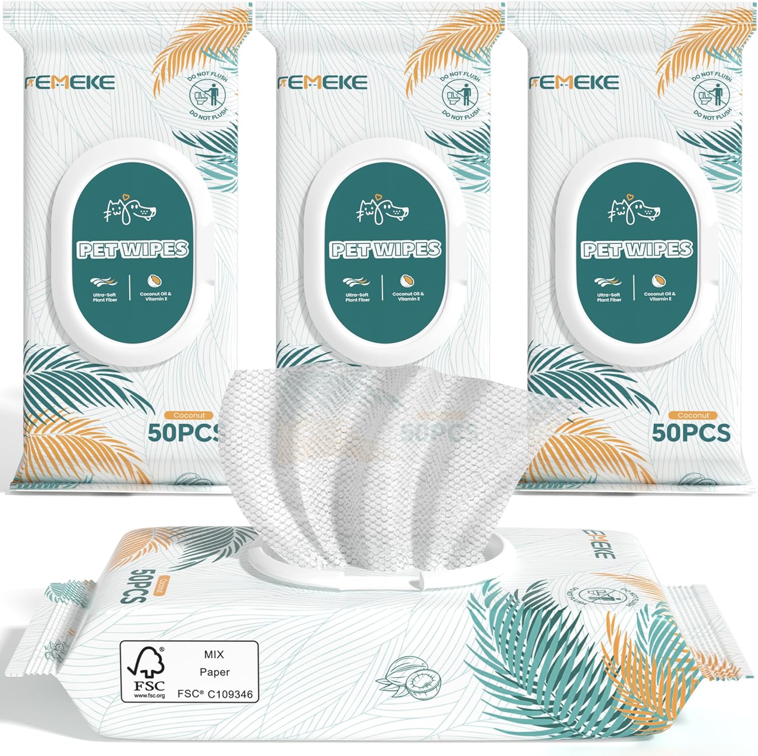 Femeke dog and cat wipes front packaging view showing hypoallergenic plant fiber branding.