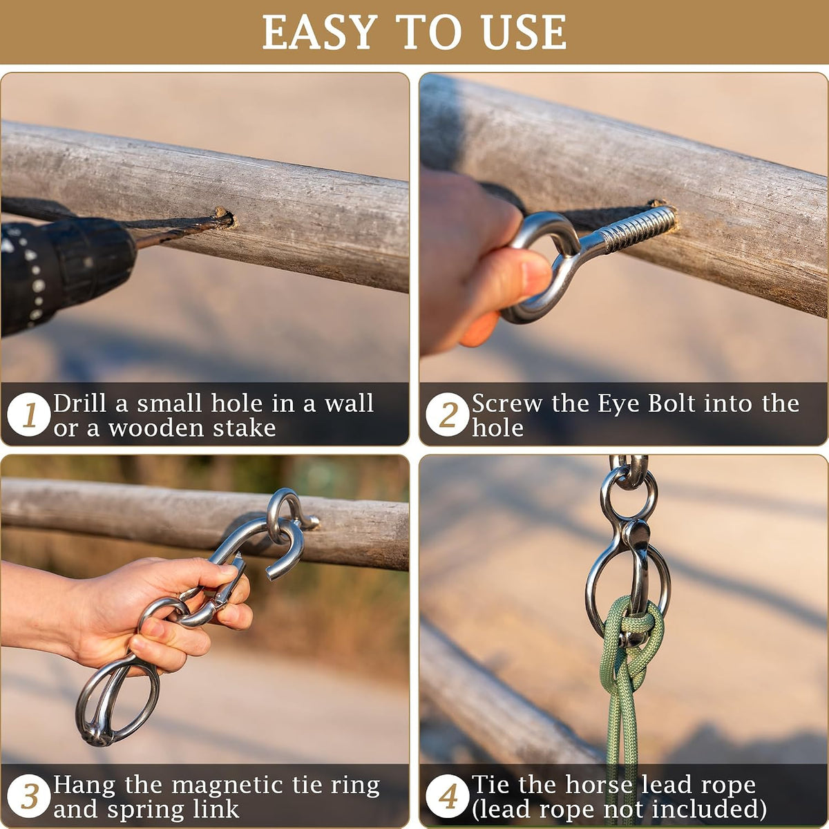 The MajesticMane safe horse tie ring kit detailing the heavy duty 304 stainless steel construction.
