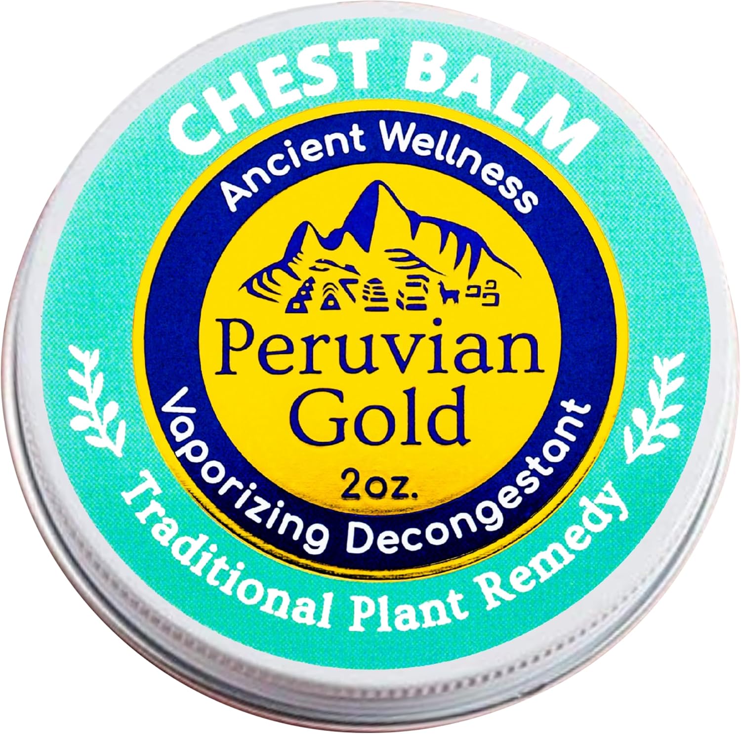Peruvian Gold Chest Rub Balm front view of the two ounce jar highlighting the eucalyptus and pine decongestant formulation.