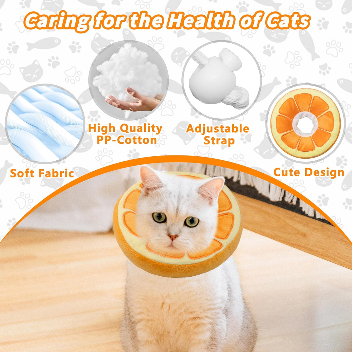 Side profile of a kitten sleeping comfortably using the orange Maiiu recovery collar as a pillow.