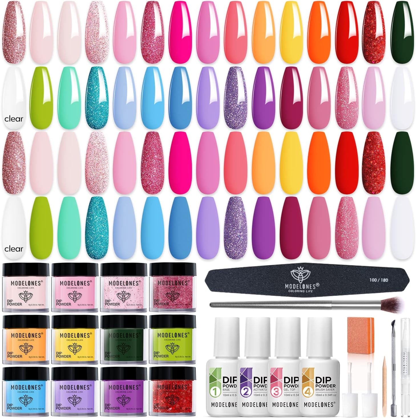 Modelones 30 Colors Dip Powder Nail Kit front view of the complete packaging and starter liquids