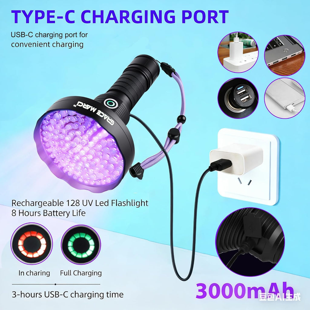 Rechargeable blacklight torch revealing dried pet urine stains on a living room carpet.