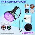 Rechargeable blacklight torch revealing dried pet urine stains on a living room carpet.