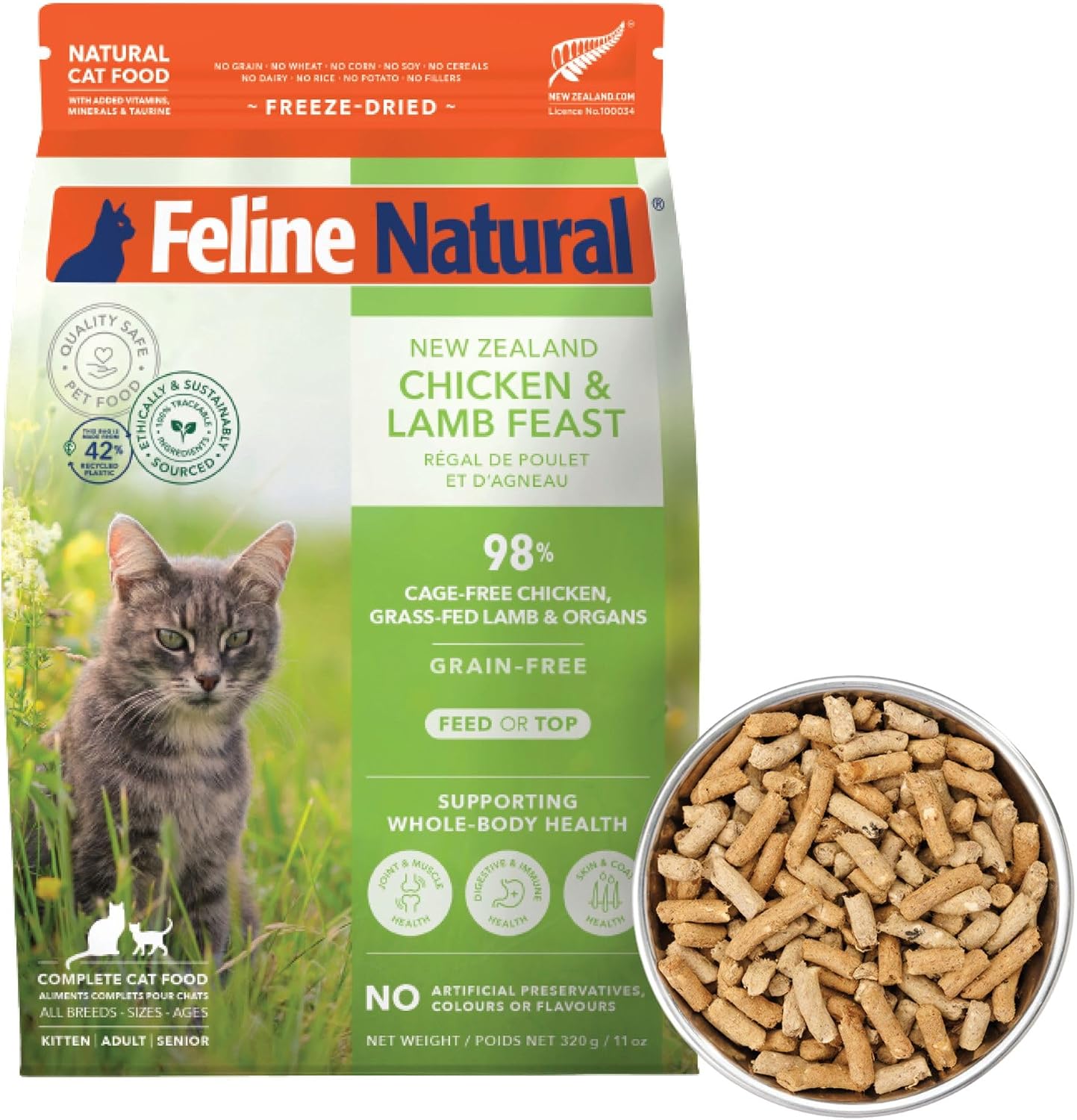 Feline Natural Freeze Dried Chicken and Lamb dry cat food eleven ounce front view packaging