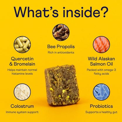 Finn pet allergy relief soft chews with colostrum and bee propolis for itchy skin.