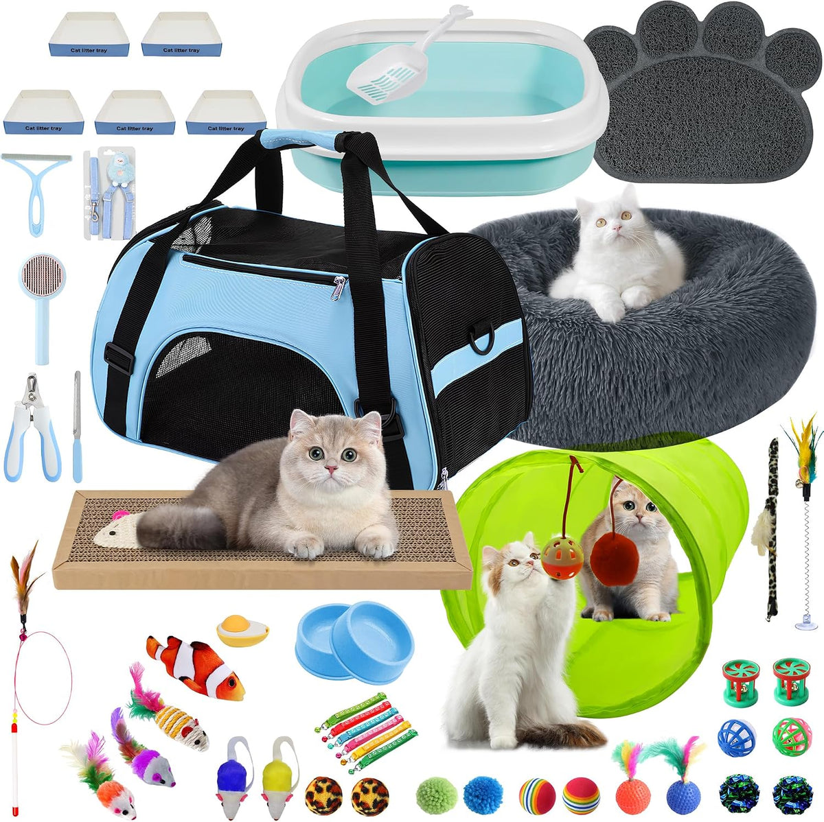 47PCS Kitten Essentials Starter Kit, Ideal for Cats Under 6 Months, Featuring 21-Piece Toy Set, Bed, Carrier, Litter Box, Bowls & More, for New Cat Owners - Pink - Image 9