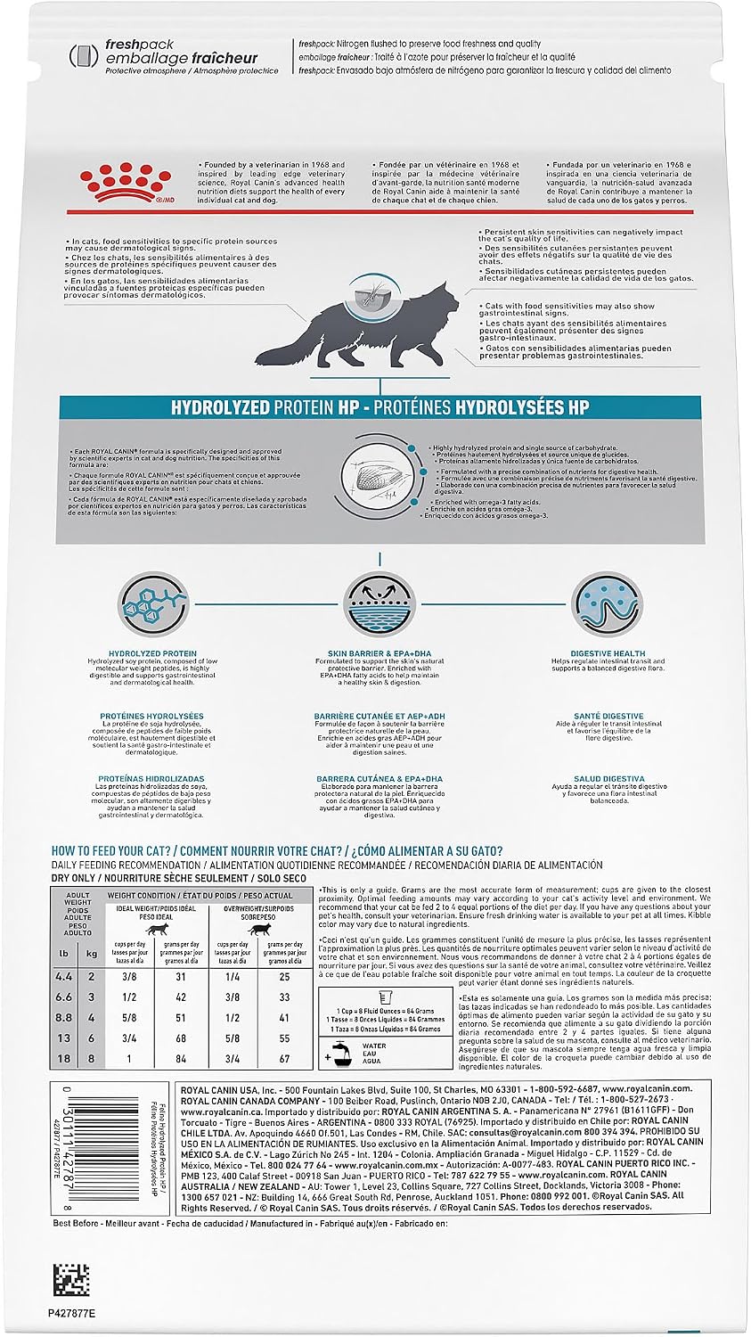 Back label of Royal Canin Feline Hydrolyzed Protein dry cat food with ingredients and feeding guidelines.