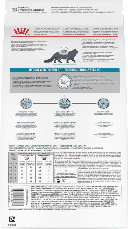 Back label of Royal Canin Feline Hydrolyzed Protein dry cat food with ingredients and feeding guidelines.