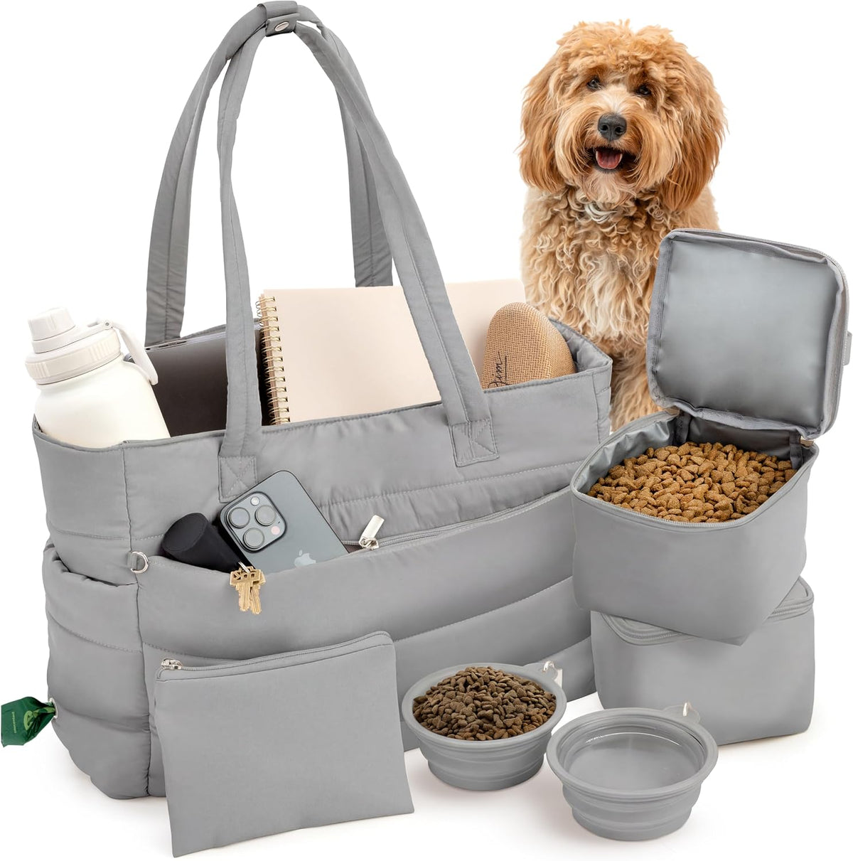 rubyloo Puffer Dog Travel Bag for Dog Moms - Doggy Diaper Bag with Pet Bowls & Food Storage or Everyday Puffy Tote - Doggy Mom Gifts for Women - Lightweight, Travel-Ready Gift for Pet Lovers - Beige - Image 13