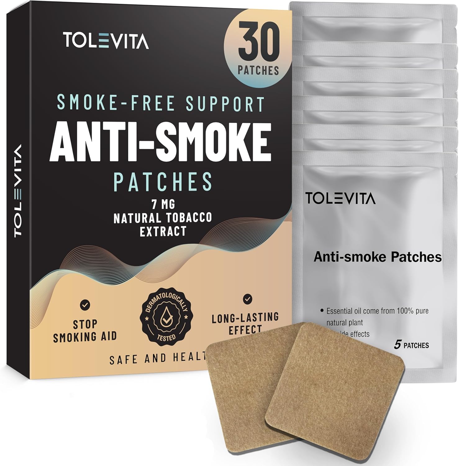 TOLEVITA Anti-Smoke Herbal Patches front packaging for nicotine craving relief.
