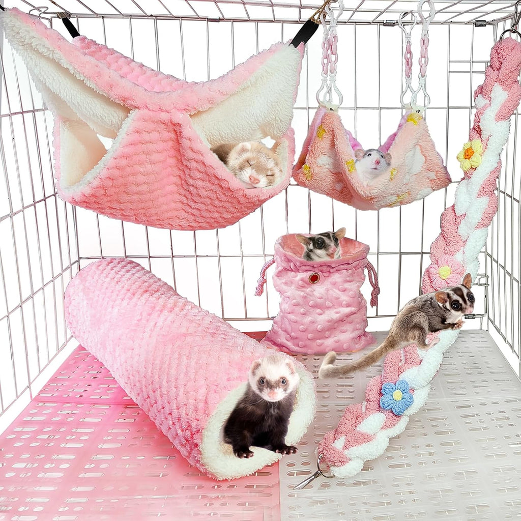 Hamiledyi Ferret Hammock five pack set showcasing the complete cage accessories collection from the front view.