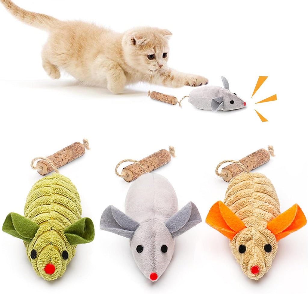 Potaroma interactive squeak mice cat toys front view featuring three plush mice with silvervine tails.
